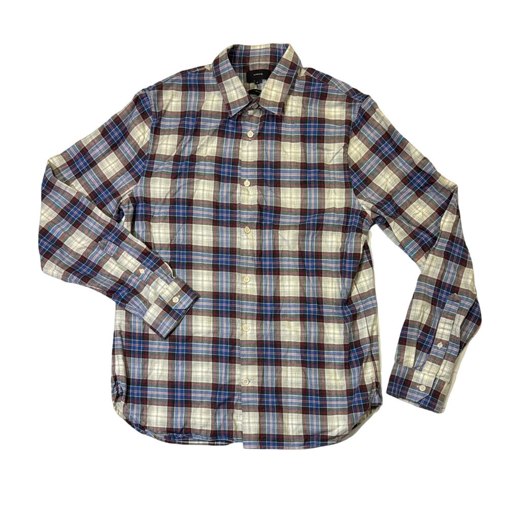 Vince Mens M Medium Classic Fit Gray Red Plaid Button Up Casual Shirt Euc
